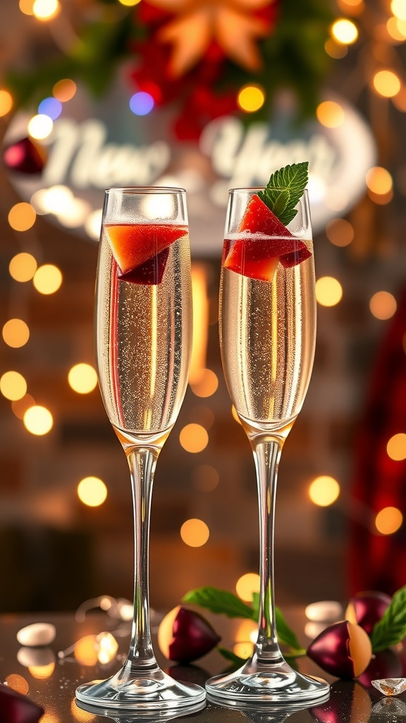 Elegant flutes of sparkling wine garnished with fresh fruit for a New Year